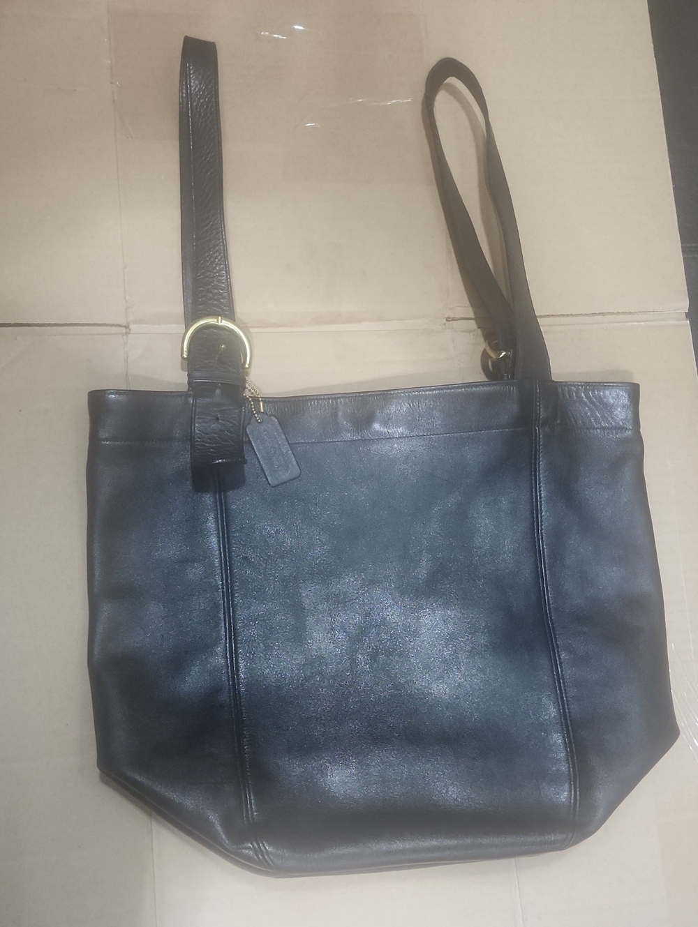 Classic Black Leather Tote Bag with Gold Hardware